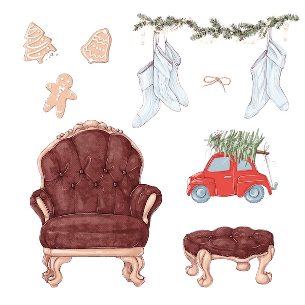 Illustration Christmas set of vintage interior elements