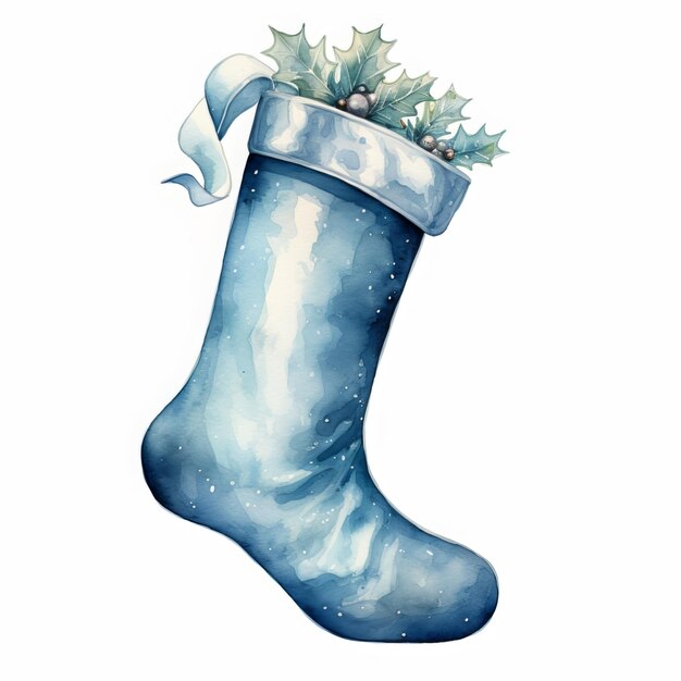 Illustration of a christmas sock with a blue bow on a white background