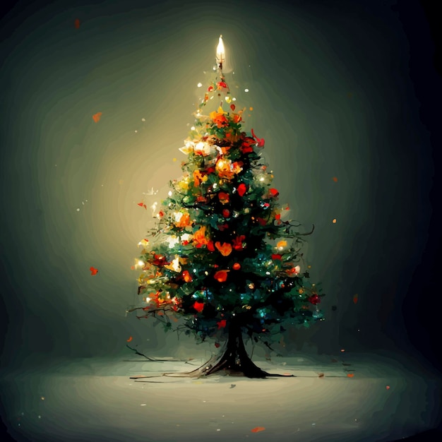 Illustration of Christmas tree in the snow with lights in the background