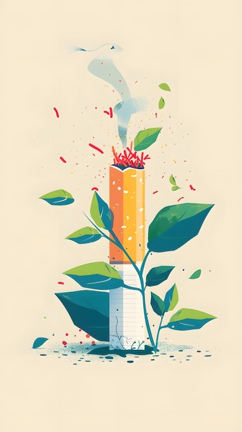 Illustration of a cigarette amidst various green leaves and plants