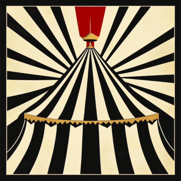 Photo illustration of a circus tent with a red top on a black and white background