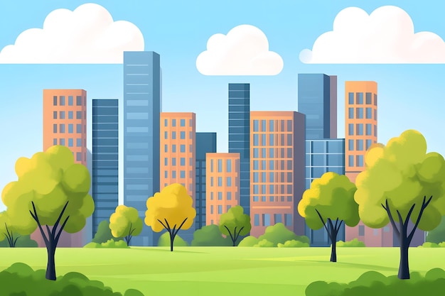 Photo illustration of a city park with green trees and tall buildings