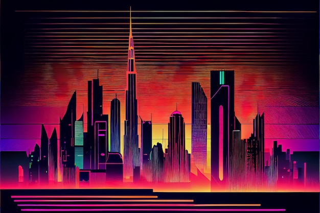 Illustration of city in retro 80 style neon colors AI