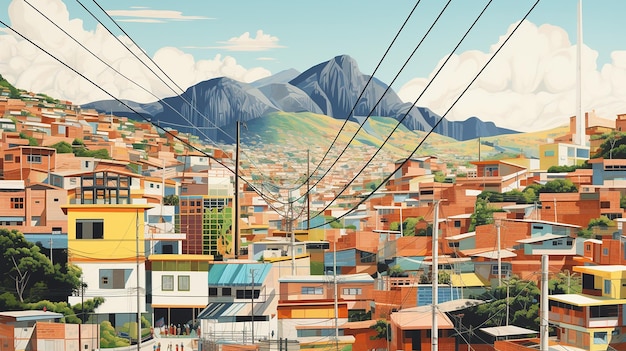 Photo illustration of a city with mountains in the background