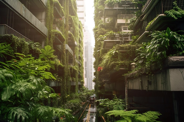 Illustration of city with plants as urban jungle