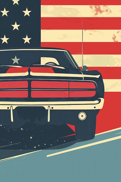 Illustration of classic American muscle car with flags in 4th July parade Minimalist style image