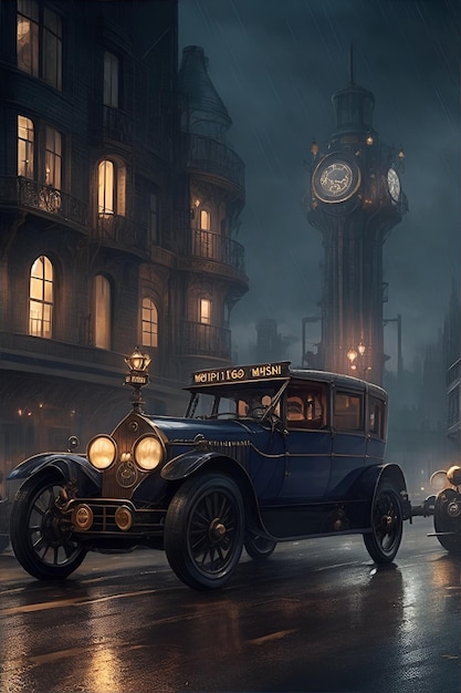 Illustration of a classic car in a city at night