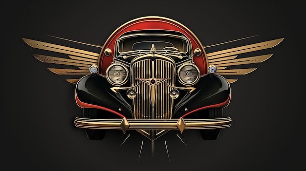 An illustration of a classic car with golden wings on a black background