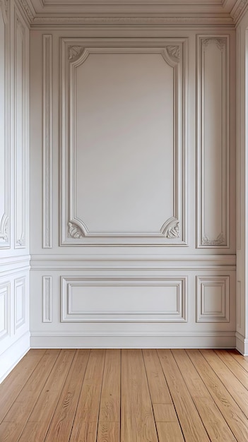 Photo illustration of classic empty room interior with wall moldings white walls and hardwood floors