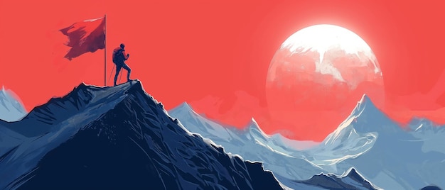 Photo illustration of a climber reaching the mountain summit under a stunning red sky with a full moon