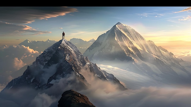 Photo illustration of a climber reaching the summit of a rugged mountain surrounded by towering peaks and a dramatic sky