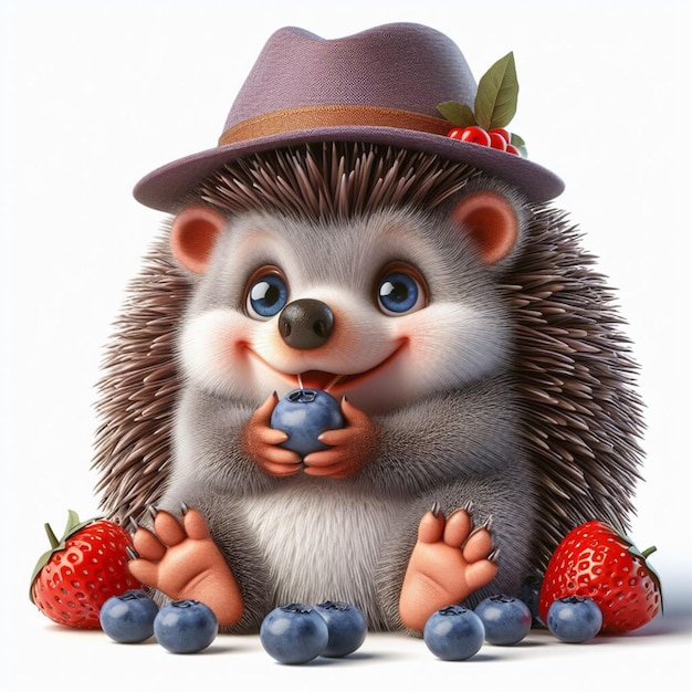 Illustration clipart hedgehog in a hat cute character eating berries