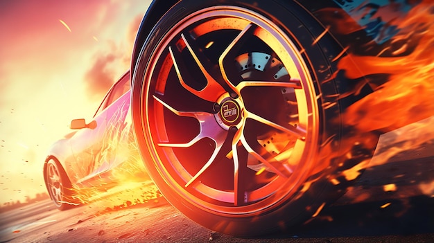 illustration Close up macro wheel Sport Car on race track drifting