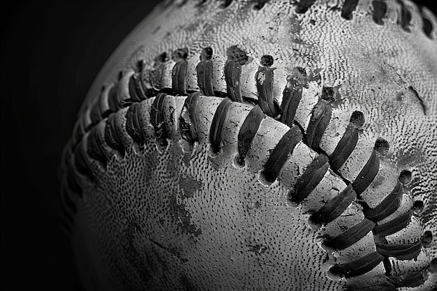 Illustration of close up of an old baseball with visible stitching and texture on a black background