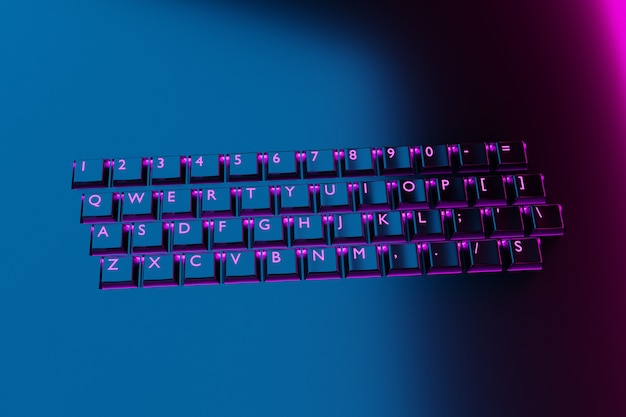 illustration, close up of the realistic computer or laptop keyboard with neon light  on black background .