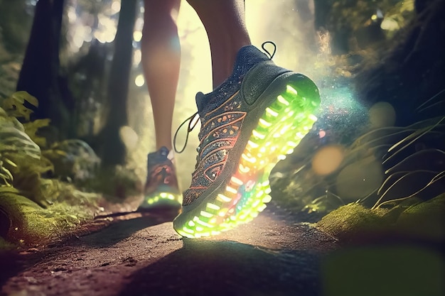 Illustration of closeup sneakers on a runner with magical shimmer in park AI