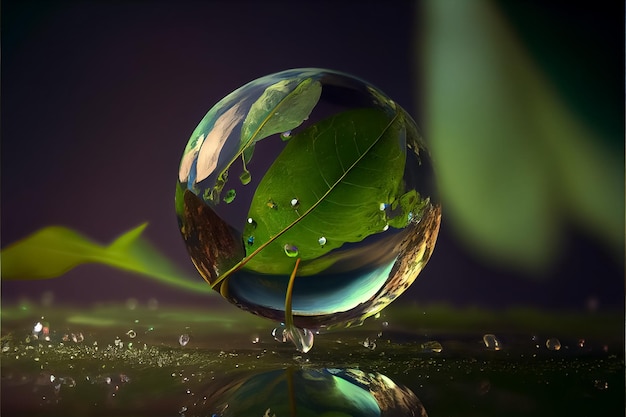 Illustration of closeup water drop and green leaf drinking water safe AI