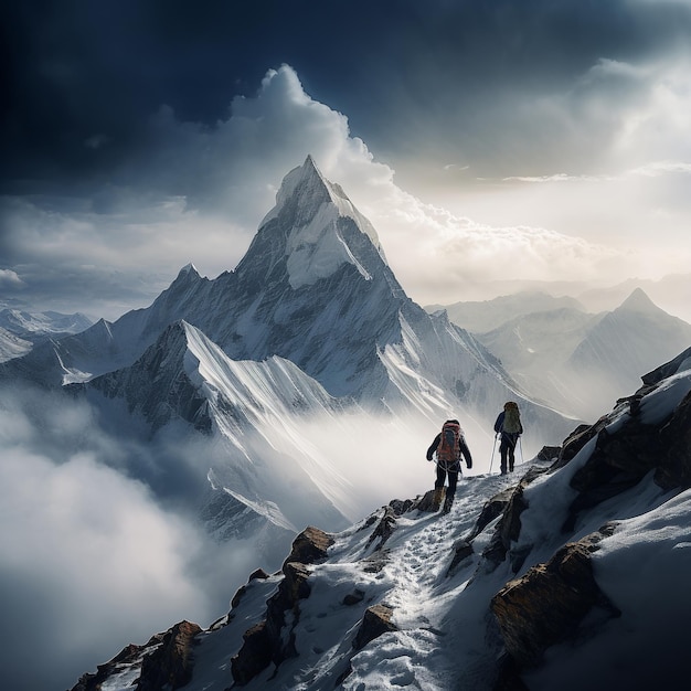 Photo illustration of a cloudy and inclement weather the snowy peaks