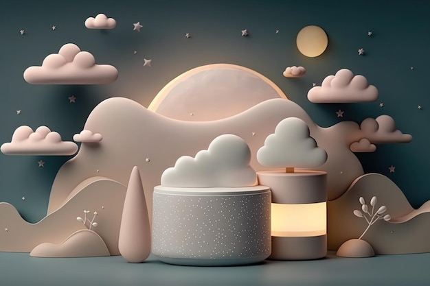 Illustration cloudy natural minimalist podium background for cosmetic products like night cream