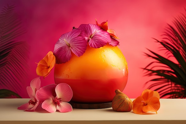 Illustration of a cocktail with pineapple mango passion fruit coconut shell pink hibiscus flower