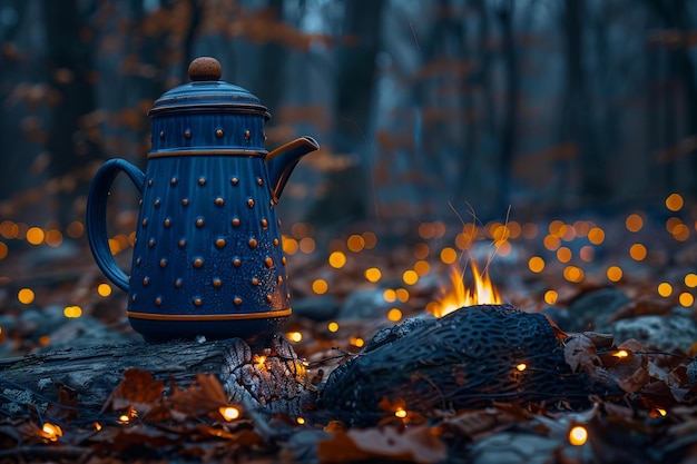 Illustration of coffee pot sitting on the fire in the forest high quality high resolution