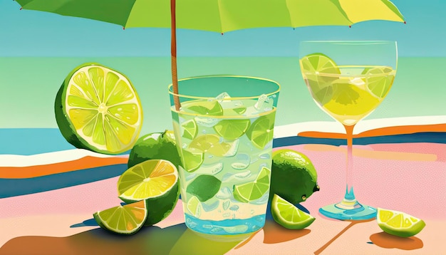 Illustration of Cold Lime Water with Umbrella