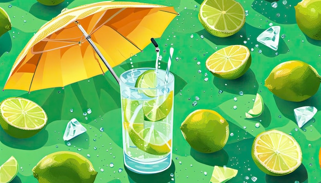 Illustration of Cold Lime Water with Umbrella