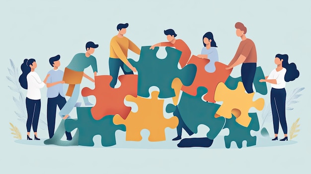 Photo illustration of a collaborative workplace depicted as a large puzzle