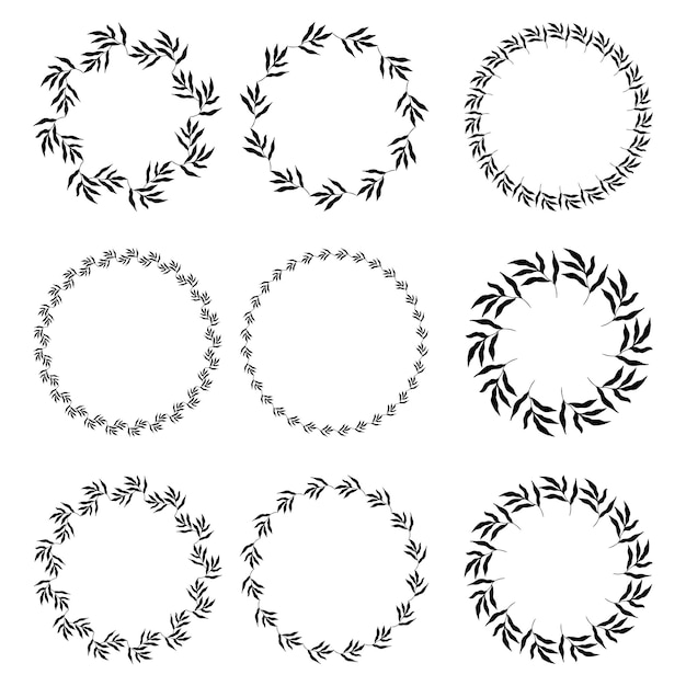 Illustration of collection of assorted circle shaped black frames made of plants on white isolated b