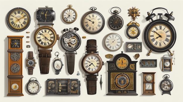 Photo an illustration of a collection of vintage clocks and watches