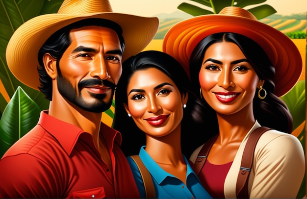 Illustration of colombian family with farm background