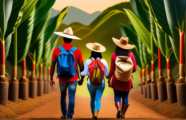 Illustration of colombian family with farm background