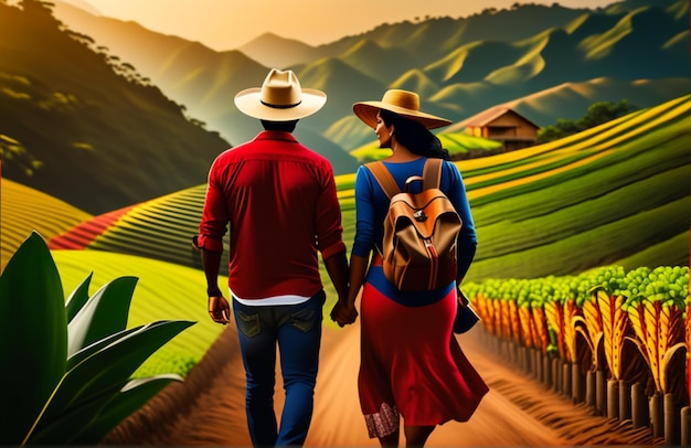 Illustration of colombian family with farm background