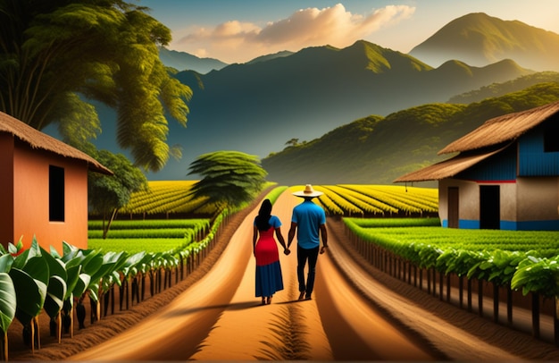 Illustration of colombian family with farm background