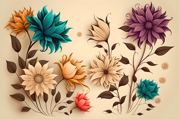 Illustration of colored beautiful spring flowers Generative AI 3