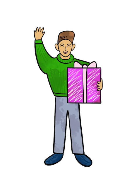 Illustration of a colored drawing of a man with a box of gifts decorated with a bow on white