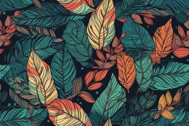 Illustration of colorful autumn leaves on a black background created with Generative AI technology