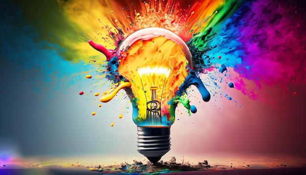 Illustration of colorful bulb with splash of colors background generative ai