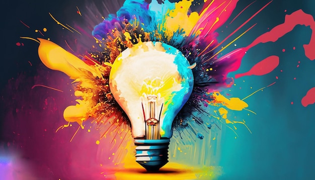 Illustration of colorful bulb with splash of colors background generative ai