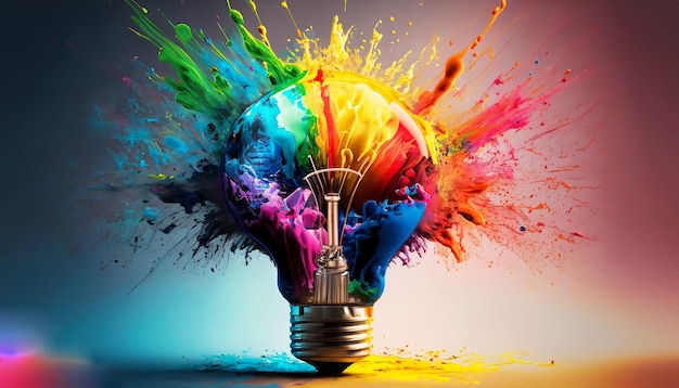 Illustration of colorful bulb with splash of colors background generative ai