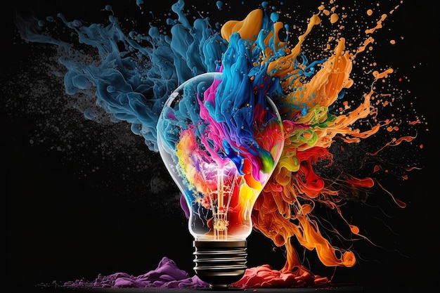 Illustration of colorful bulb with splash of colors on black background Creativity eureka imagination inspiration Generative AI Idea and solution concept