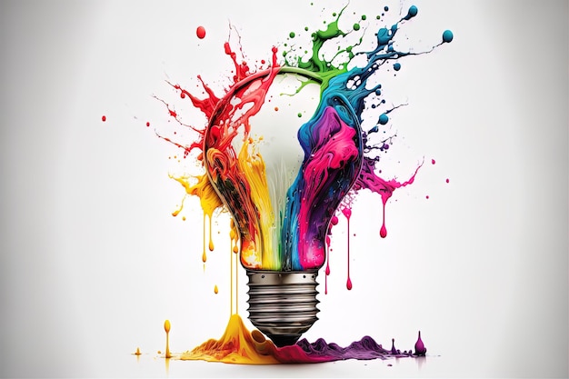 Illustration of colorful bulb with splash of colors on white background Creativity eureka imagination inspiration Generative AI Idea and solution concept