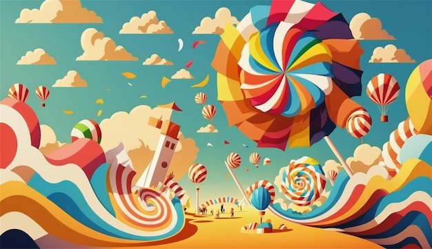 An illustration of a colorful candy scene with a lighthouse and a colorful balloon.