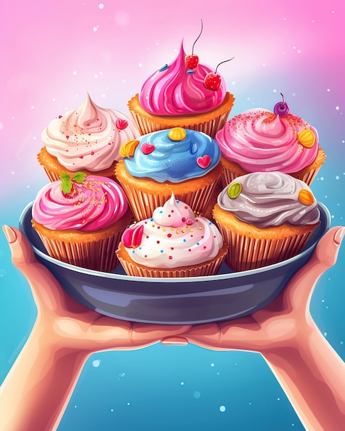 Illustration of colorful cupcakes in plate in hands Generative AI