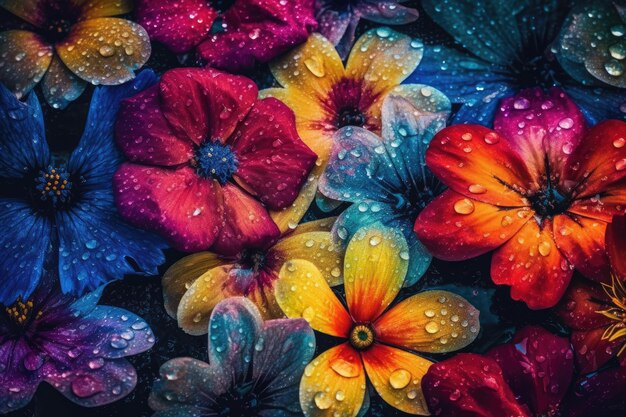 Illustration of colorful flowers covered in glistening water droplets Generative AI