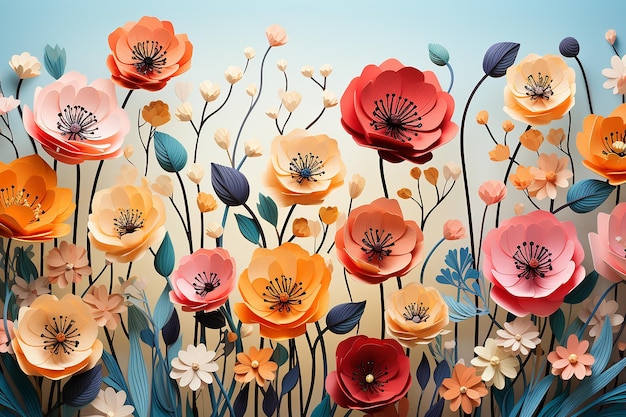 Illustration of Colorful Flowers on Pastel Background