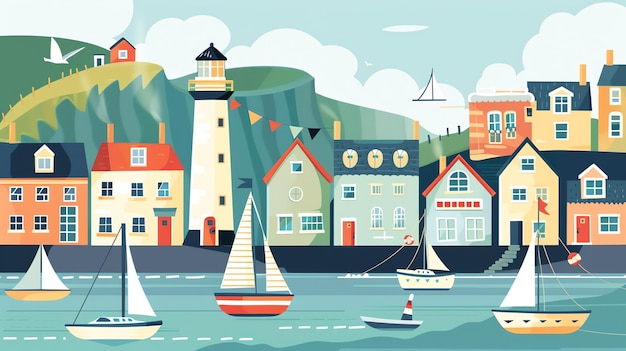 Photo an illustration of a colorful harbor town with boats and a lighthouse