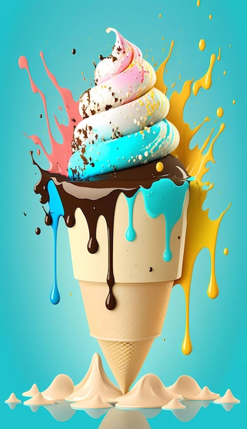 Photo an illustration of a colorful ice cream cone with chocolate and blue icing dripping down the top.