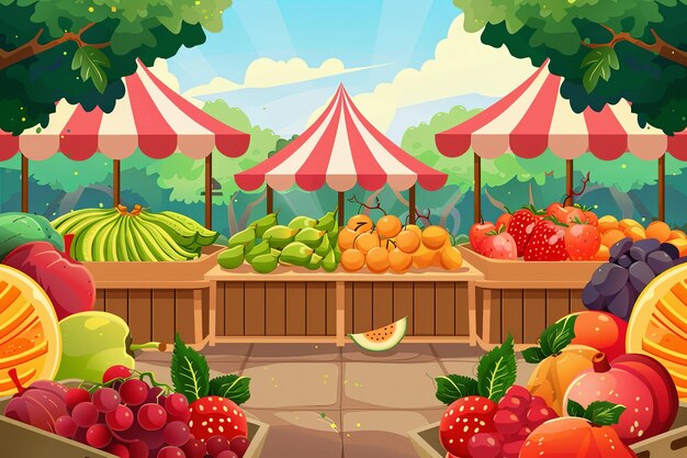 Photo an illustration of a colorful outdoor market featuring three fruit stalls selling a variety of fresh produce under striped red and white canopies generative ai