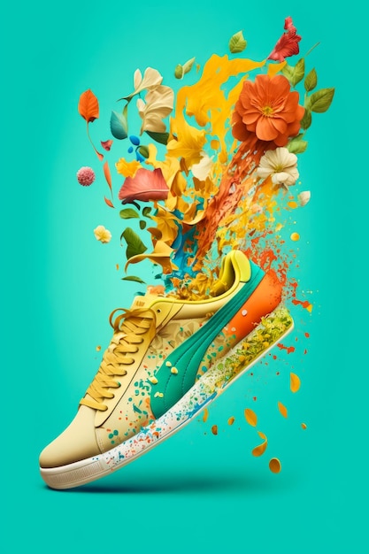 An illustration of colorful sneaker with flowers coming out of it Generative AI